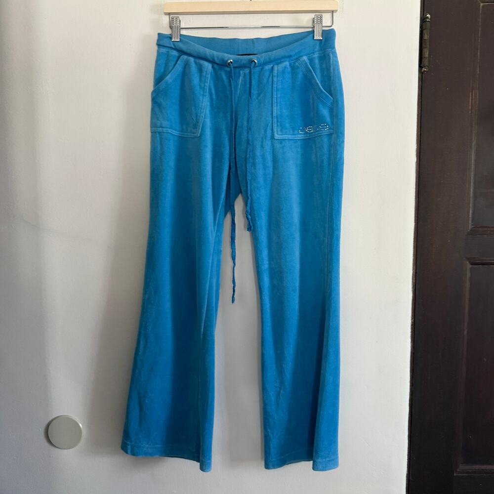 Y2K Vintage BEBE | Low Rise Blue Velour Bling Track Pants Flap Pockets Large